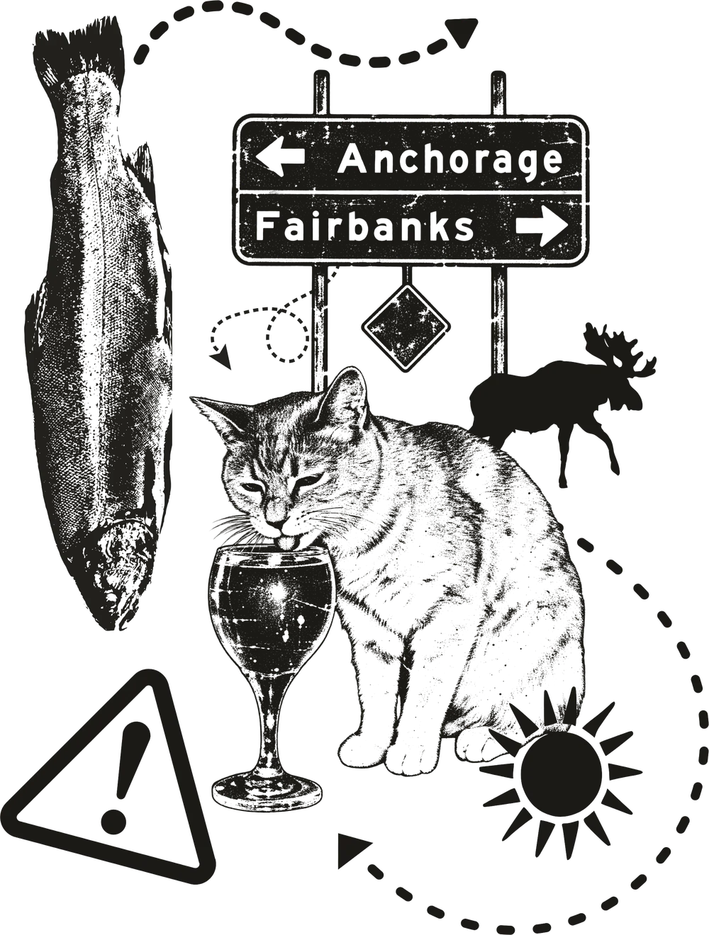 A collage of Talkeetna oddities: a salmon, an Anchorage and Fairbanks road sign, a cat drinking from a wine goblet, a moose, a caution sign and the midnight sun