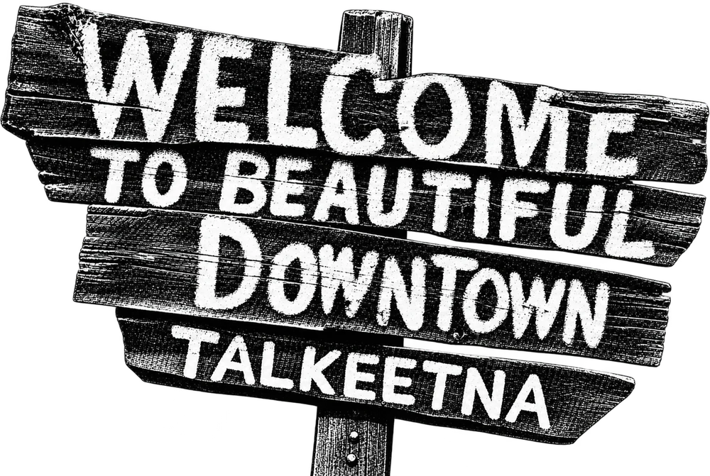 A hand-painted wooden sign reading Welcome to Beautiful Downtown Talkeetna