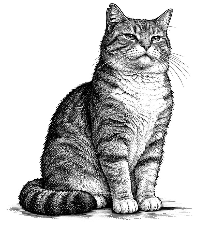 Engraving of a seated tabby cat