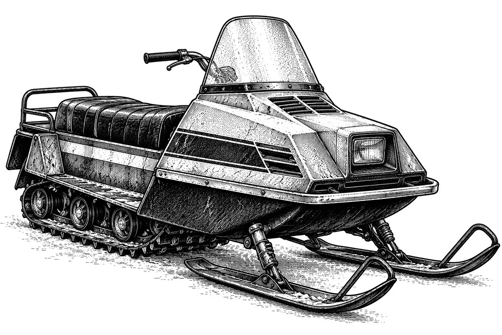 Engraving of a vintage snowmachine